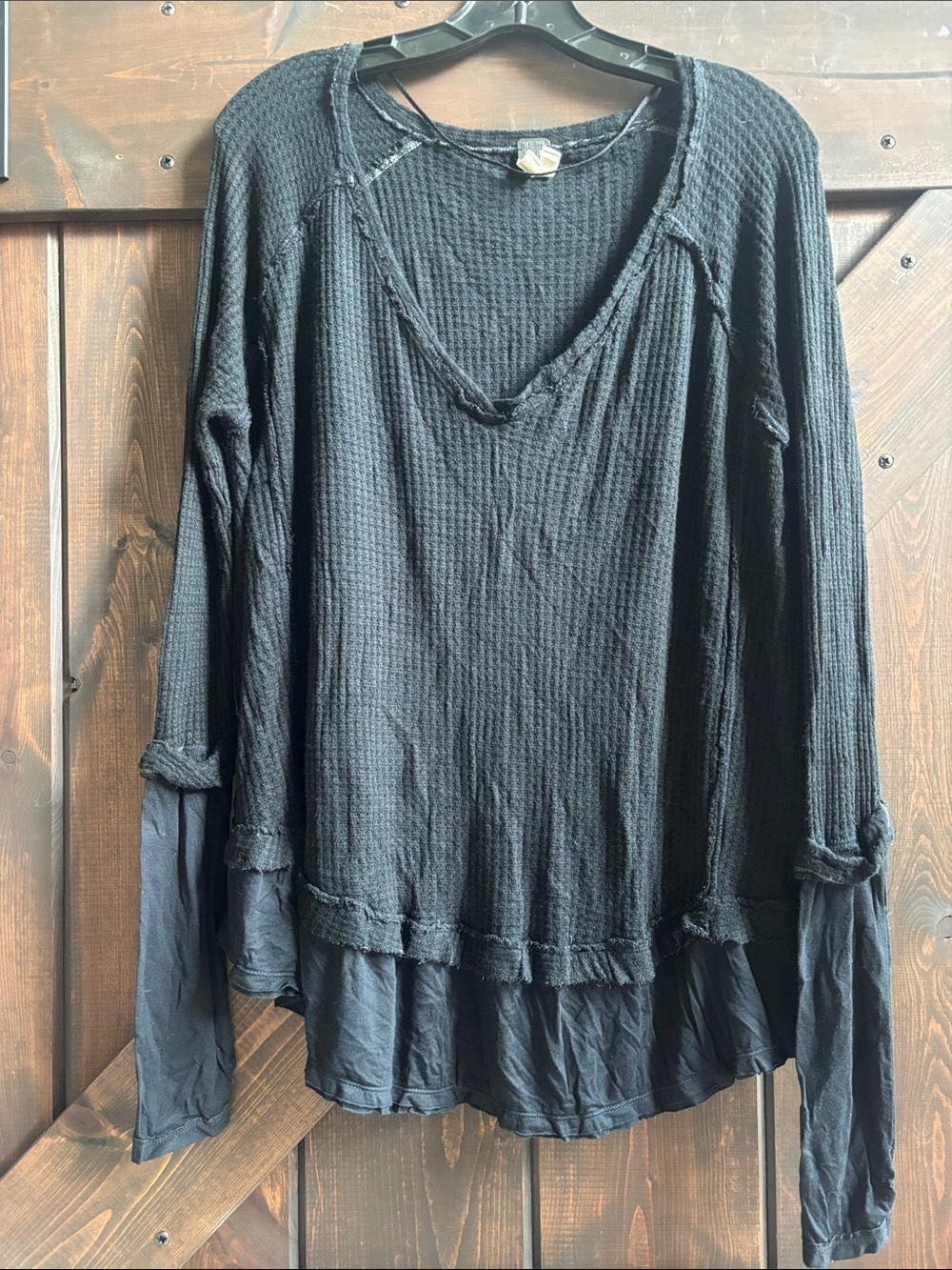 Free People Black Layered V-Neck Waffle Knit Long Sleeve Top